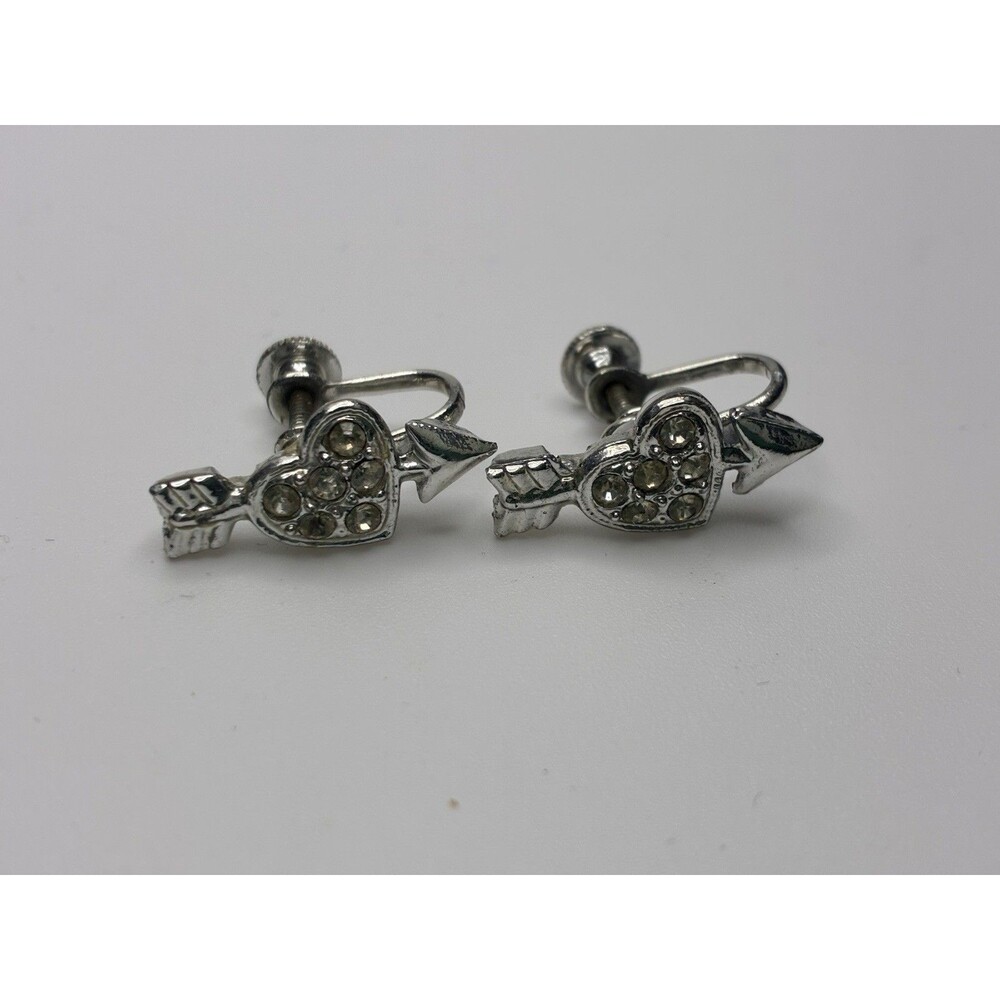 Arrow Through Heart VTG Silver Tone Screw Back Earrings Rhinestones